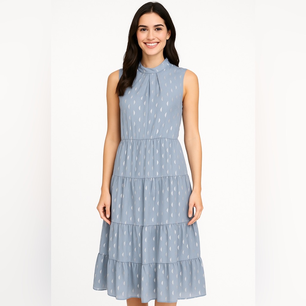DONNA RICCO New Y Blue Metallic Moon Print Sleeveless Midi Dress Women’s Size 4.